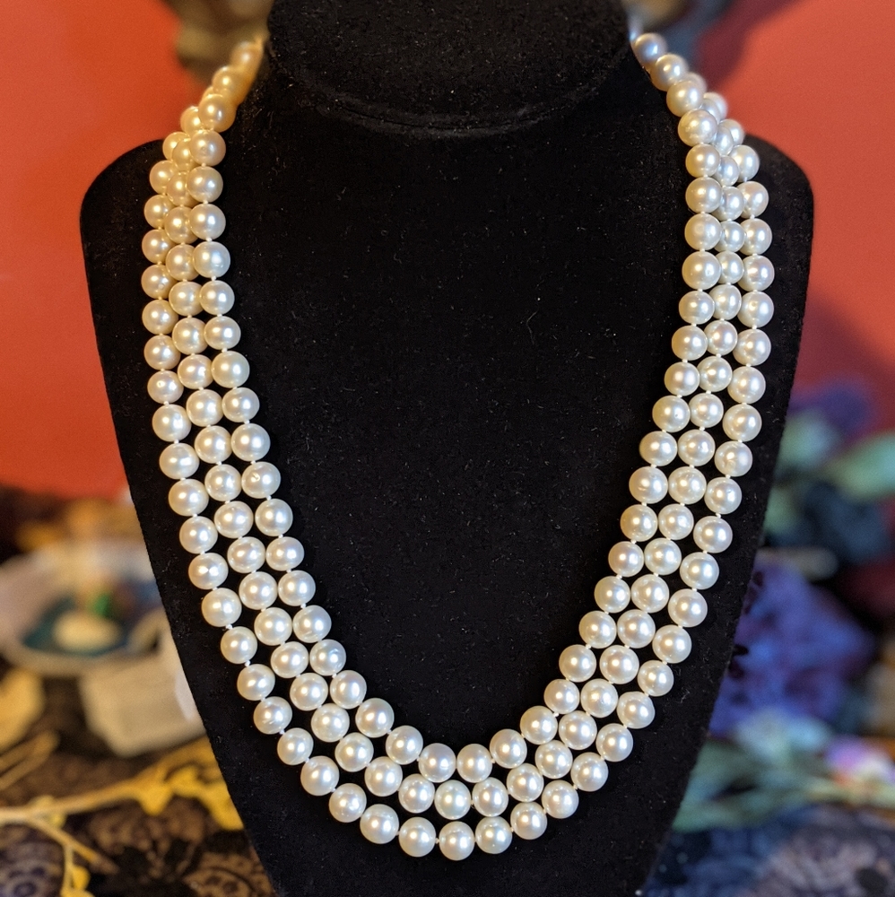Three strand pearl,diamond and silver necklace by the Bradford Exchange